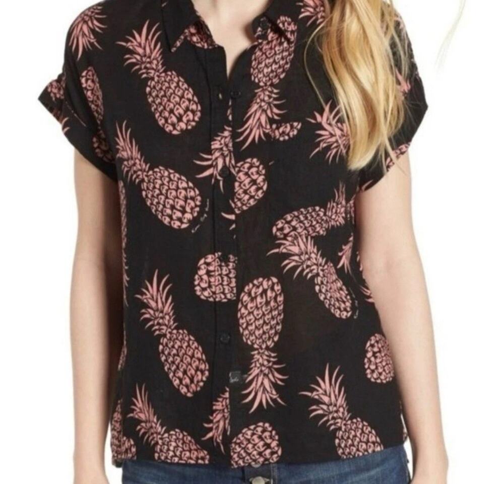 Rails Whitney Pinya Print Short Sleeve Top Medium Pineapple Linen Rayon Button